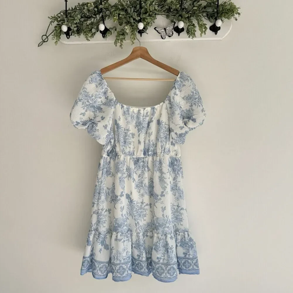 Blu Pepper Marie Blue Flor Dress Puff Sleeve Square Neck Romantic Whimsical - Picture 4 of 5